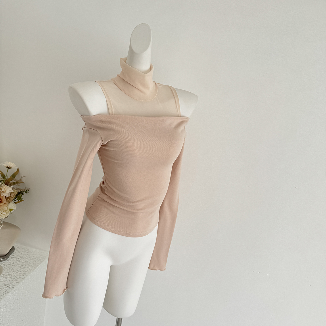 韩女日常高领一字肩双面德绒上衣露肩斜肩上衣纯欲网纱拼接针织衫