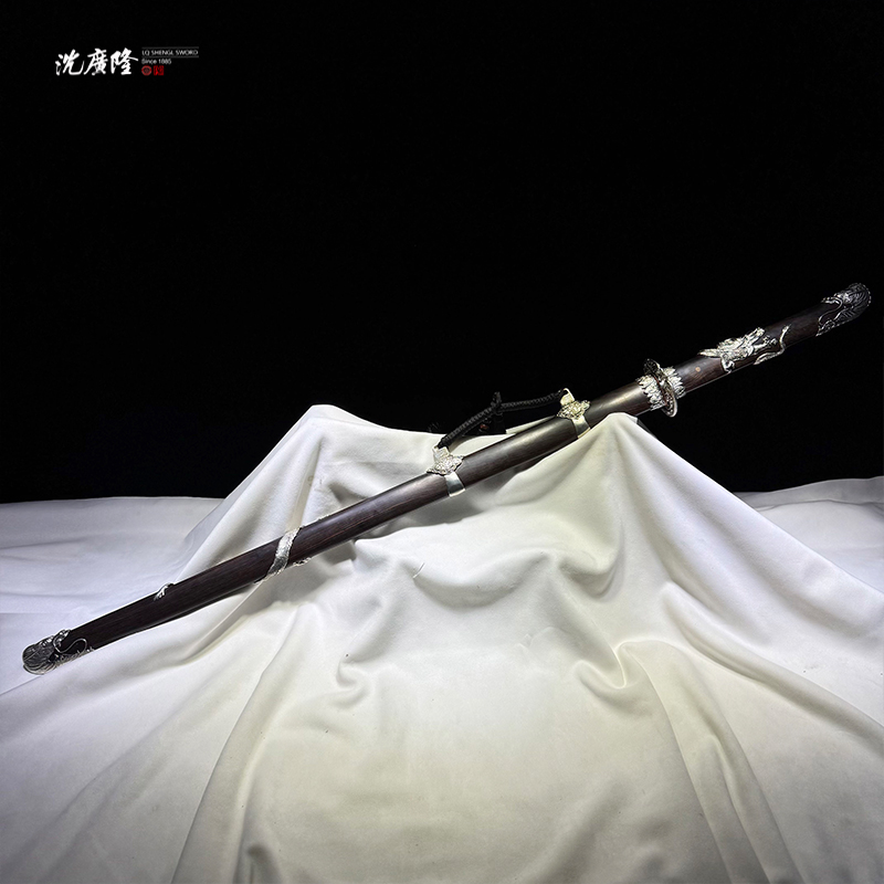 龙泉沈广隆-天龙直刀 白铜 黑檀木 花纹钢 宝剑 未开刃
