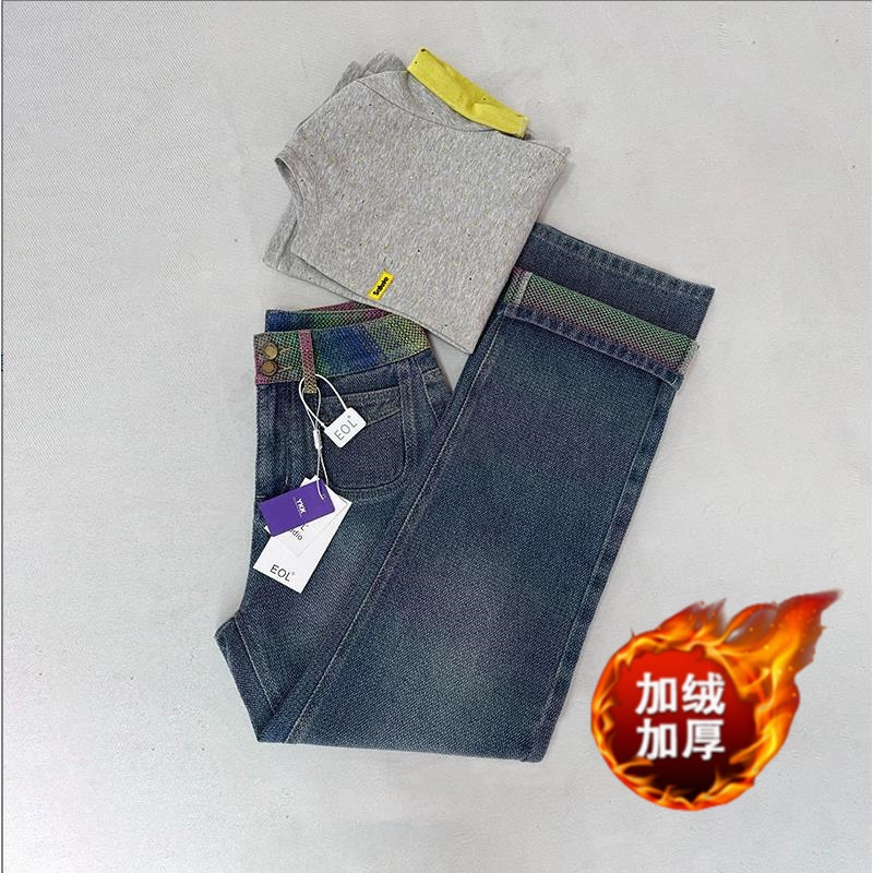 EOL（七彩祥云)秋冬加绒新款高腰窄版直筒百搭显瘦女士牛仔裤7011