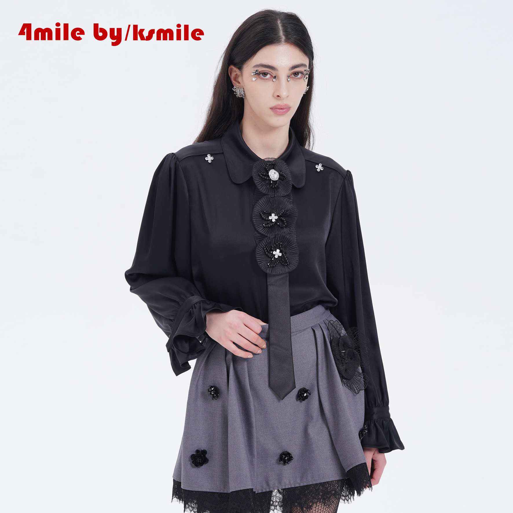 4MILE BY KSMILE | 深邃魅影醋酸网纱花朵领带衬衫气质静奢风上衣