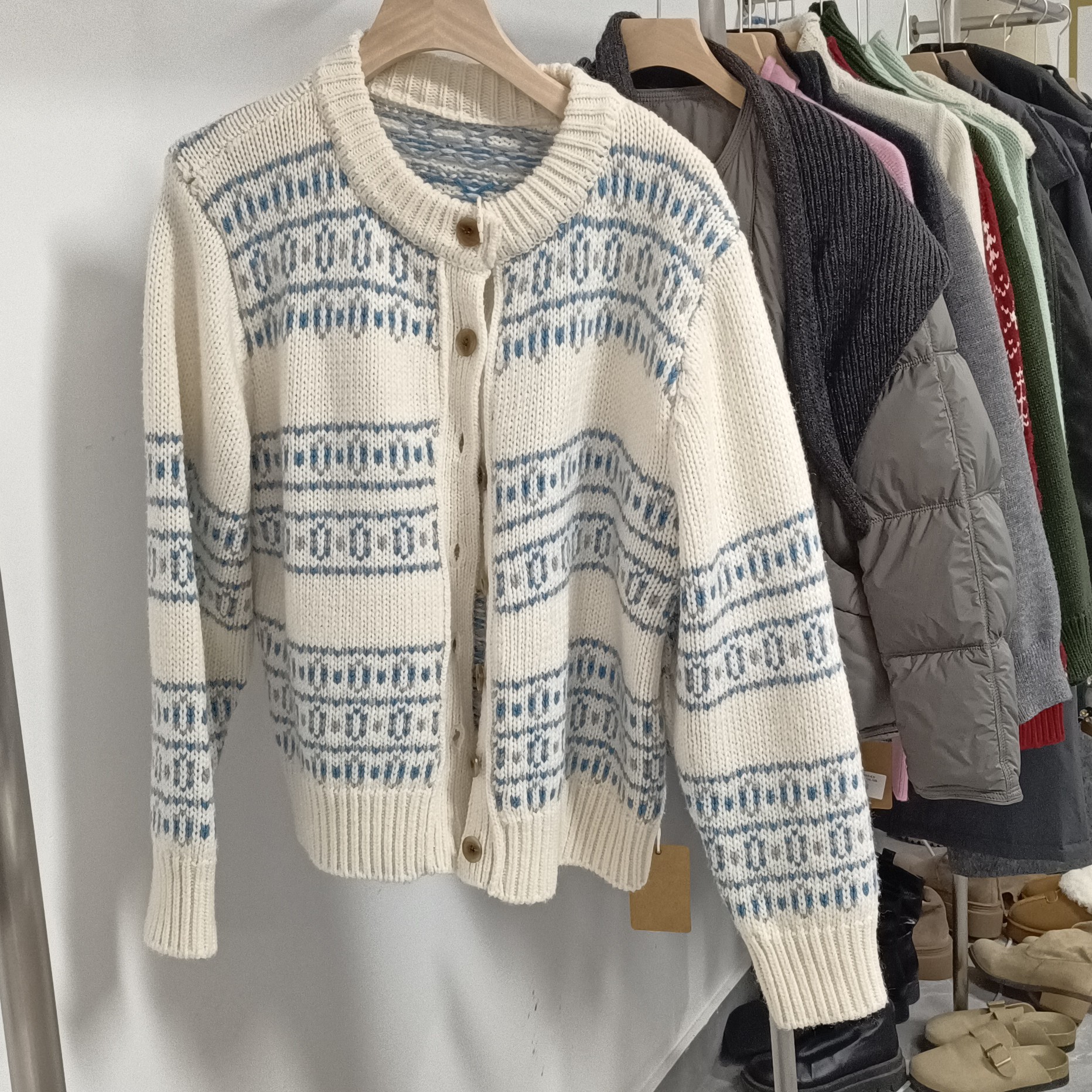 NO退NO换，韩系费尔岛撞色提花气质针织开衫毛衣女秋冬慵懒百搭外