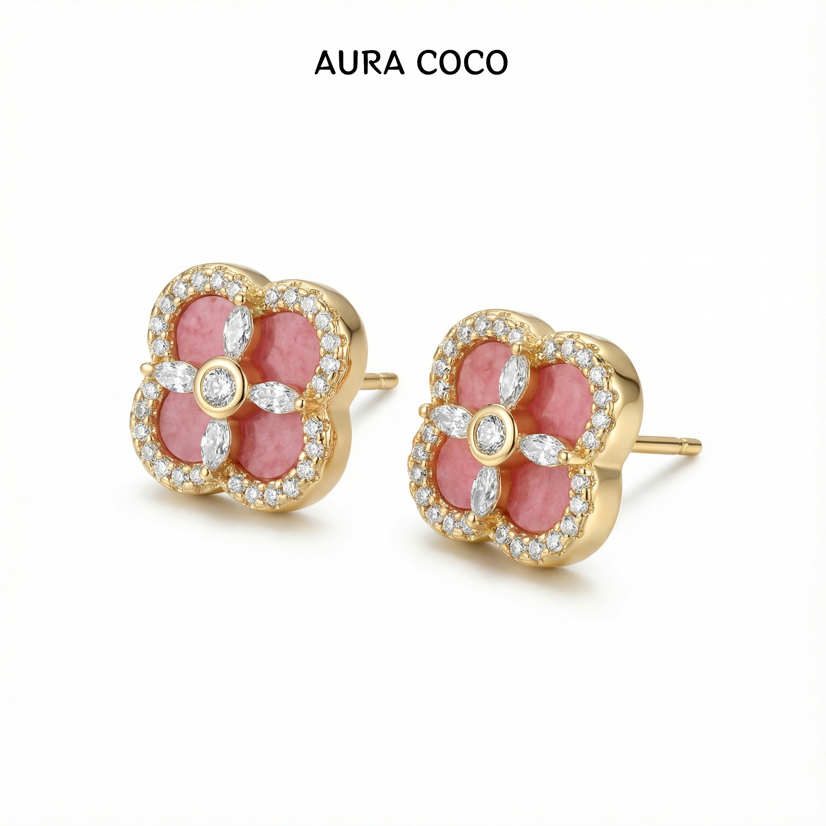 COCO高定 镀K金 四叶粉色耳钉 高级耳饰C9947
