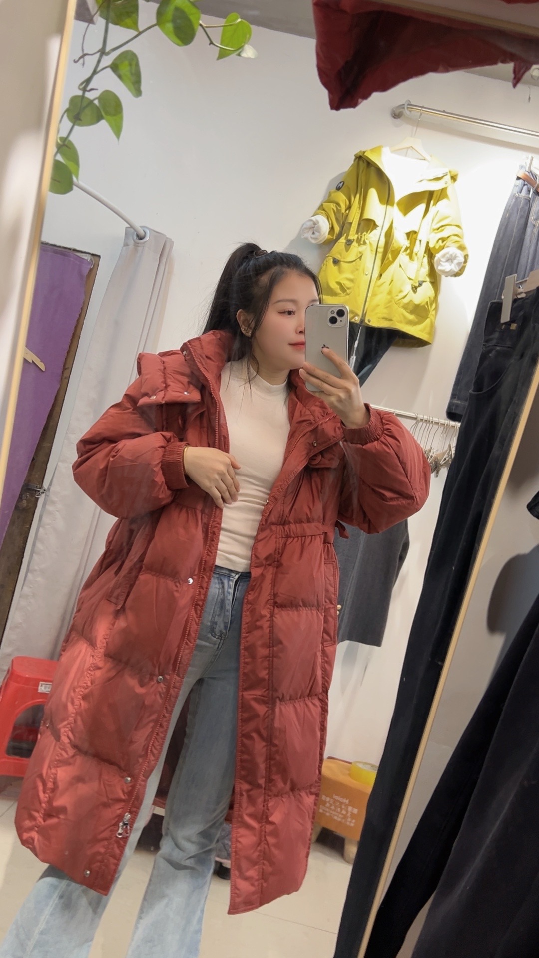 冬款清仓红色长款羽绒外套