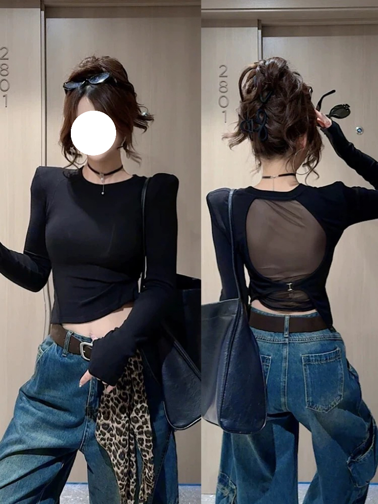 正肩圆领网纱露背洋气长袖T恤女装小众修身显瘦上衣