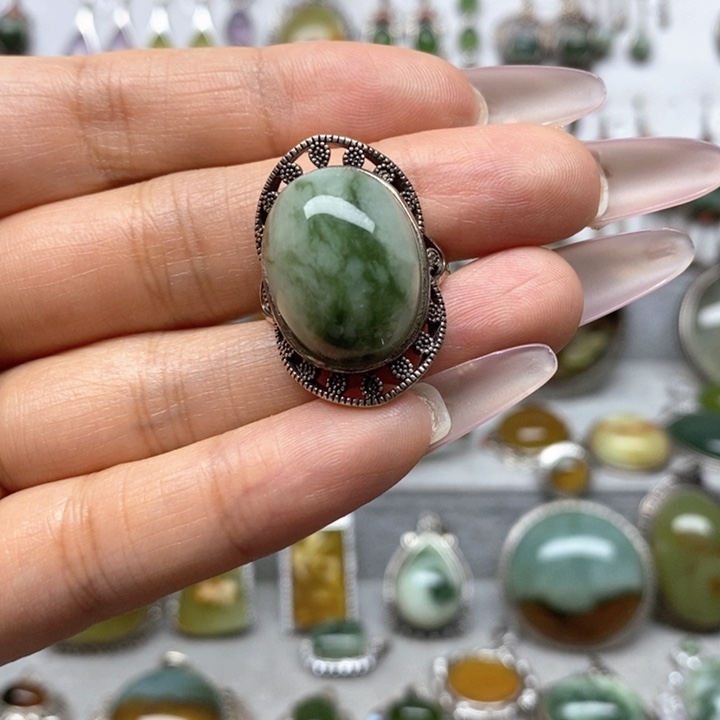 蛇纹石玉戒指银S925镶嵌