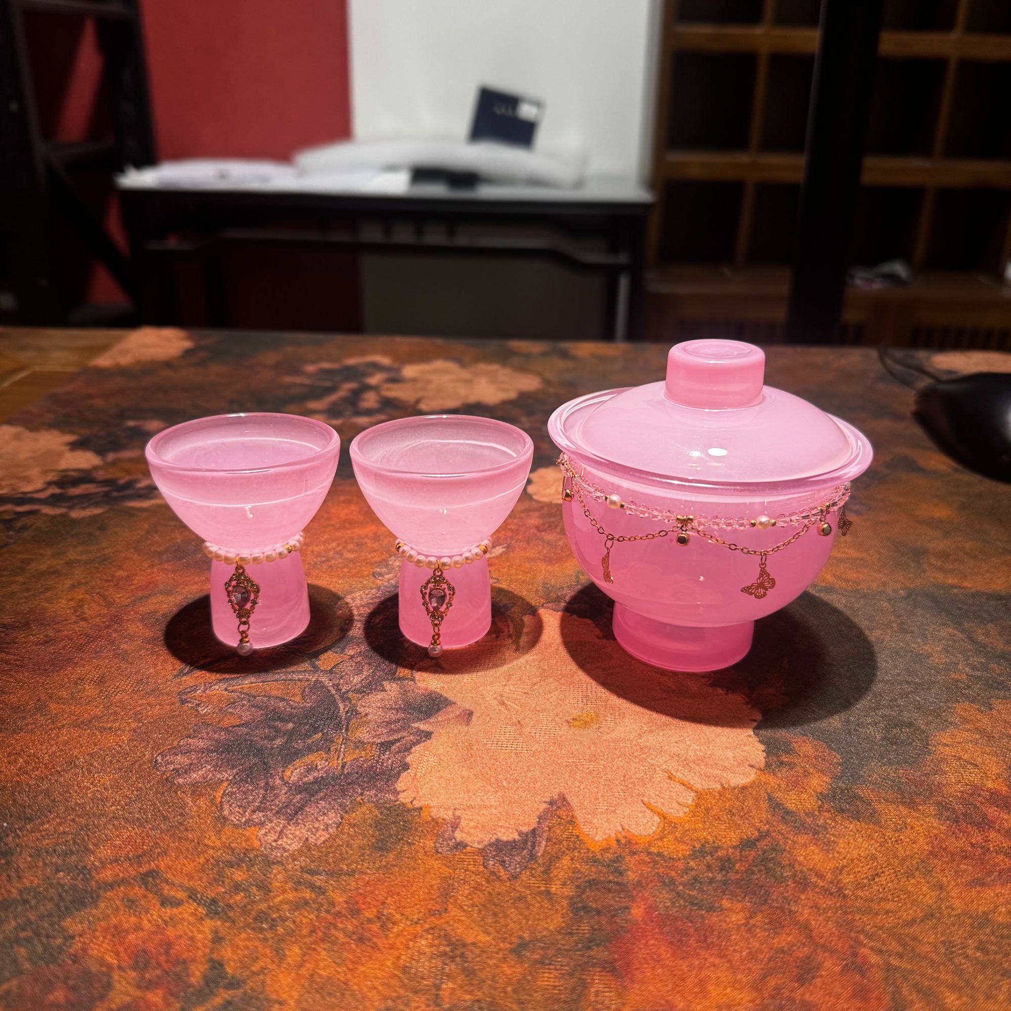 高端粉色琉璃二才盖碗加茶杯套组6356