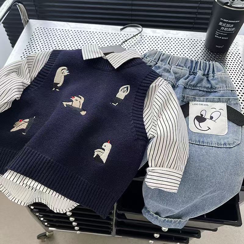 男童春秋套装2025新款儿童洋气时髦卡通刺绣酷帅百搭休闲三件套潮