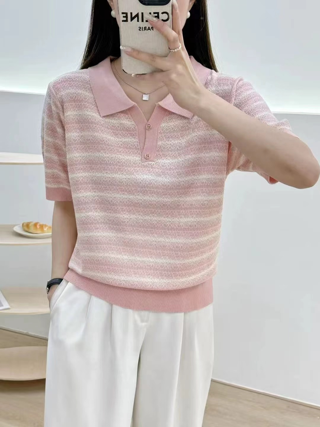 【251-300】撞色条纹polo领短袖针织衫