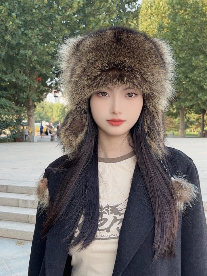 小浣熊帽子进口美洲貉子毛帽子男女孩子通用保暖可爱灵动真毛帽子