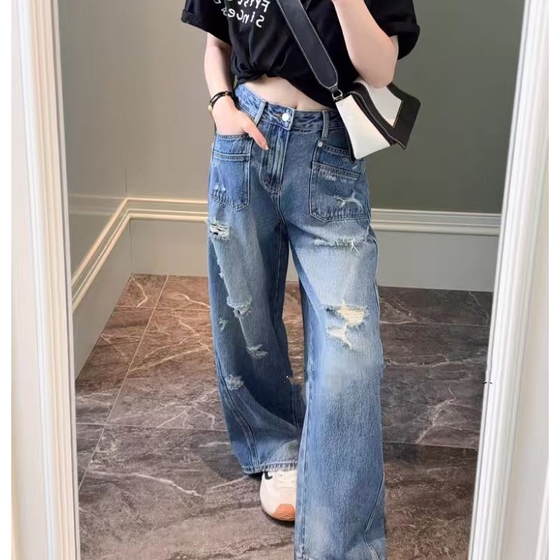 SU【269】花66  愫莉2025新薄款破洞弯刀老爹裤设计口袋~