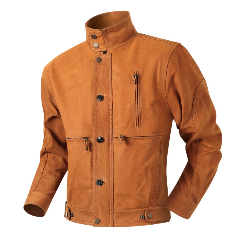 复古油磨大码真皮皮衣可立领可翻领美式小牛皮橘色机车真牛皮皮衣