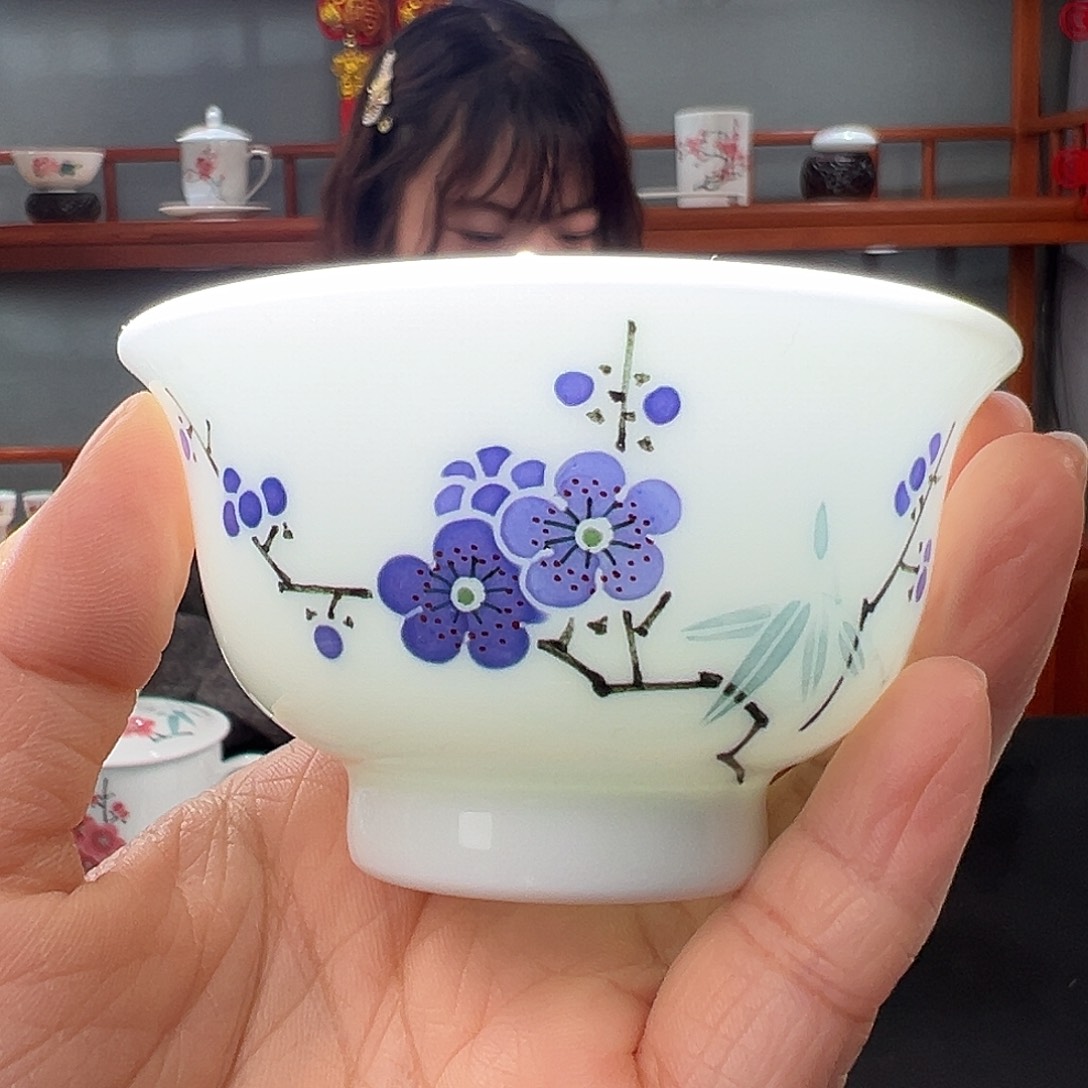 柴窑翠竹紫梅压手杯杯