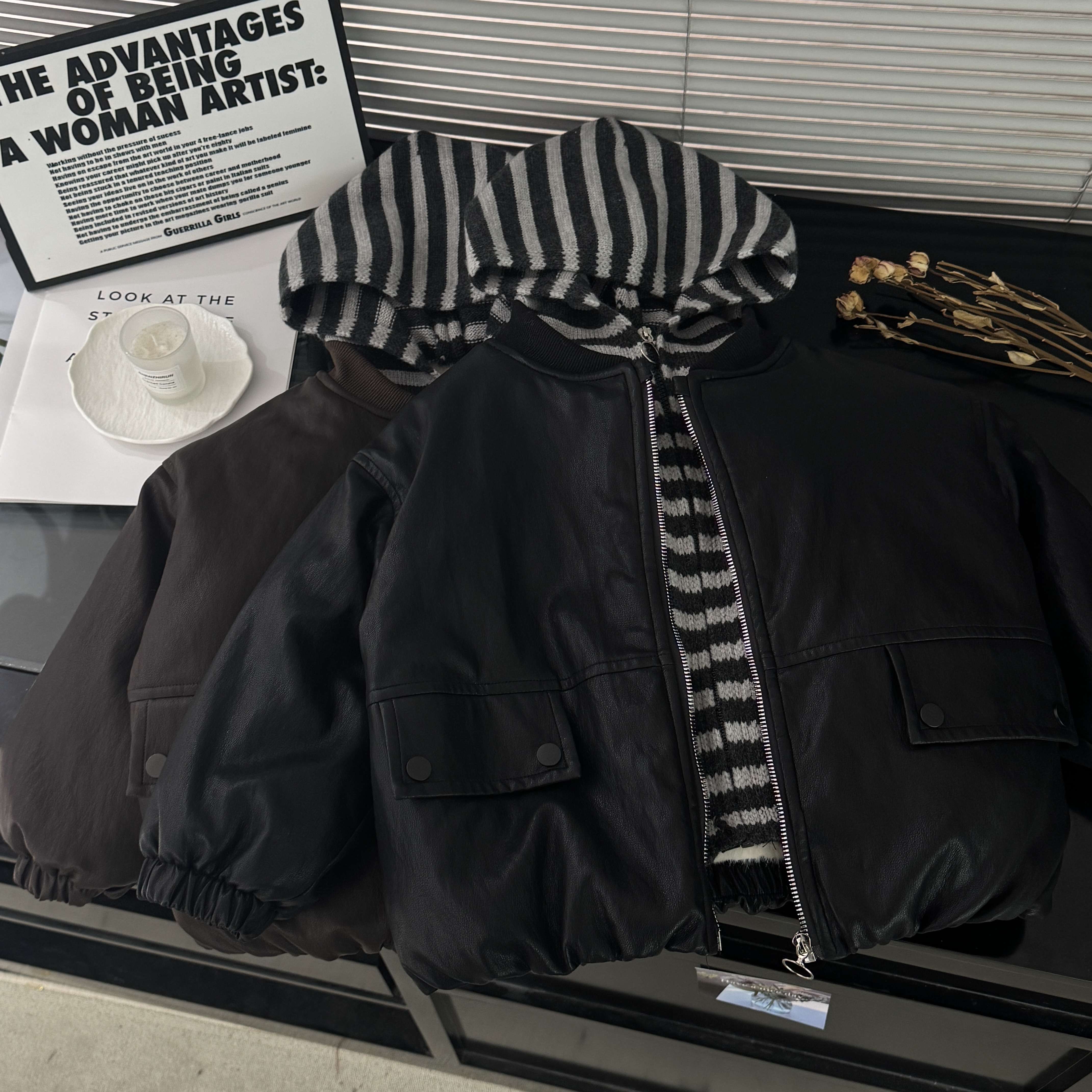 2025冬季加绒新款韩版休闲洋气宽松韩系假两件拼接连帽皮衣70720