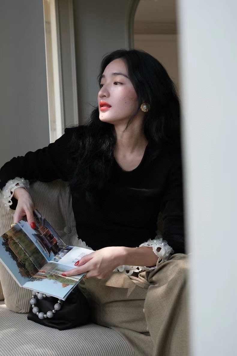 爆款出复古法式长袖黑色加密真丝丝绒上衣