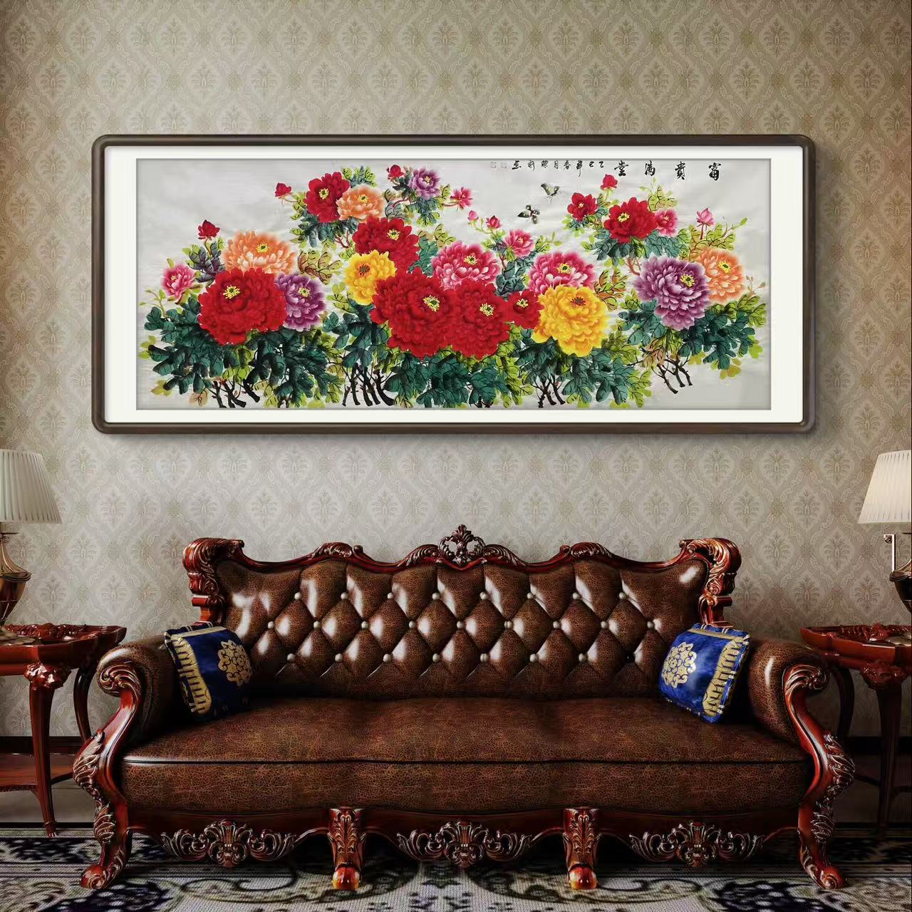 《富贵满堂》八尺纯手绘横幅牡丹图客厅国画挂画文玩探宝