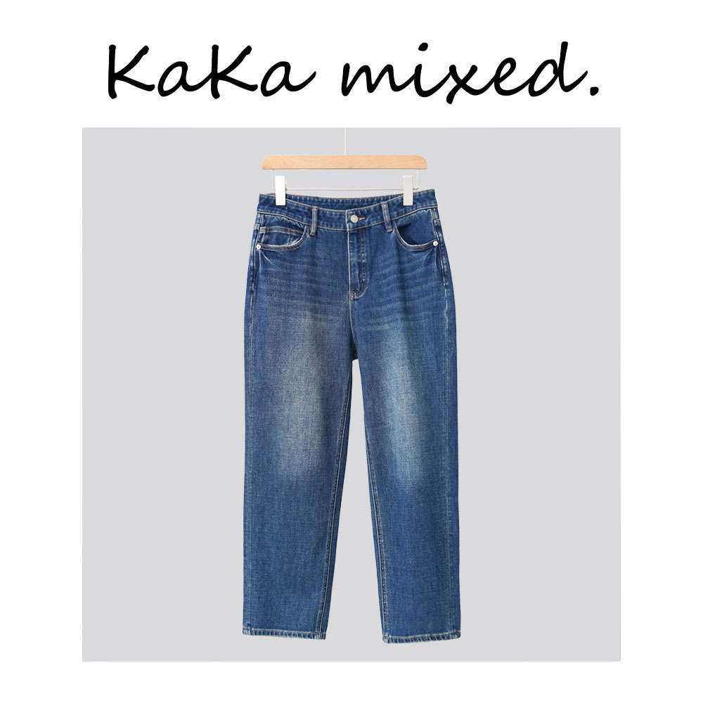 基础款蓝色烟管牛仔九分裤黑色菱格腰牌