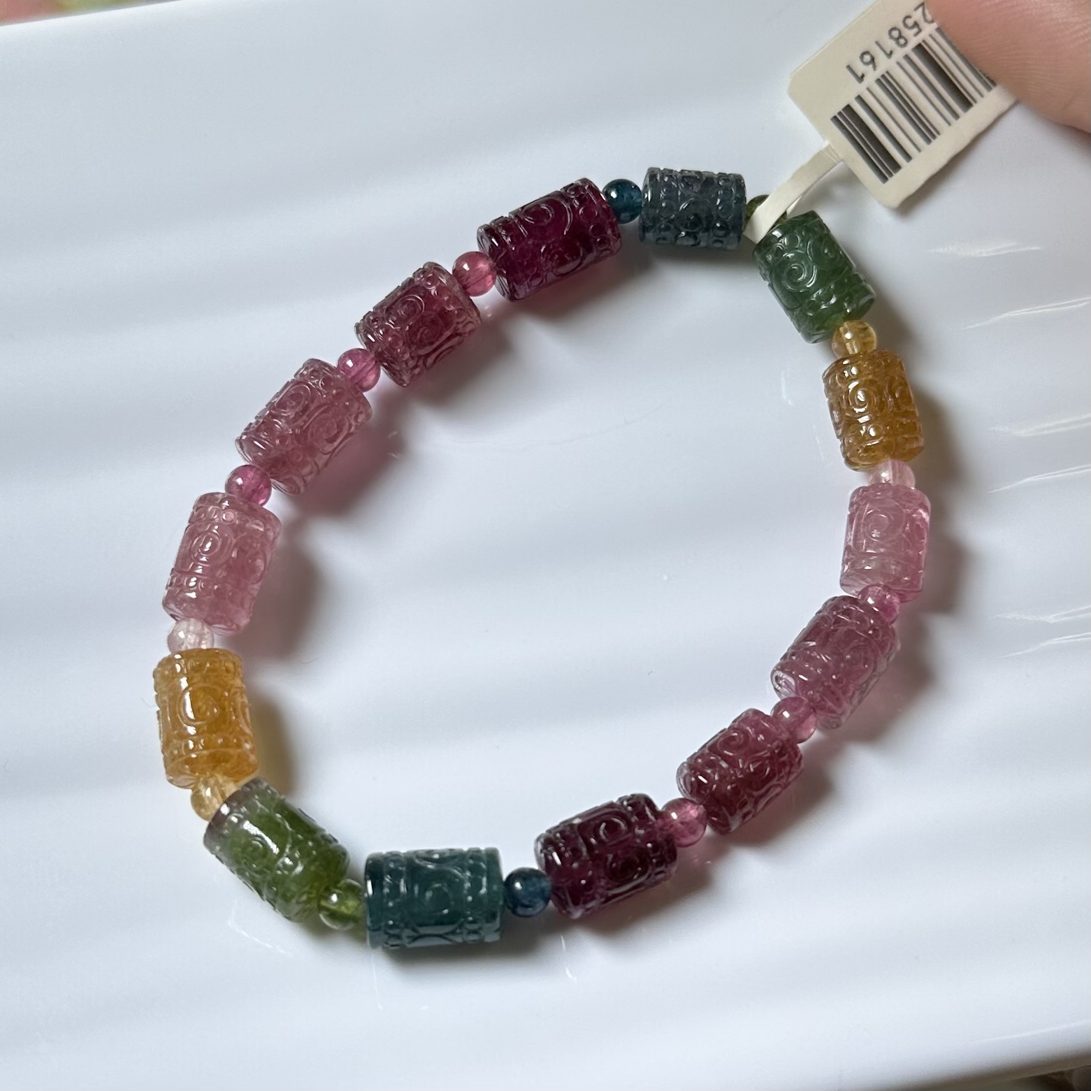 天然碧玺彩虹色系老矿色标浓艳色回纹珠碧玺手链7.3mm