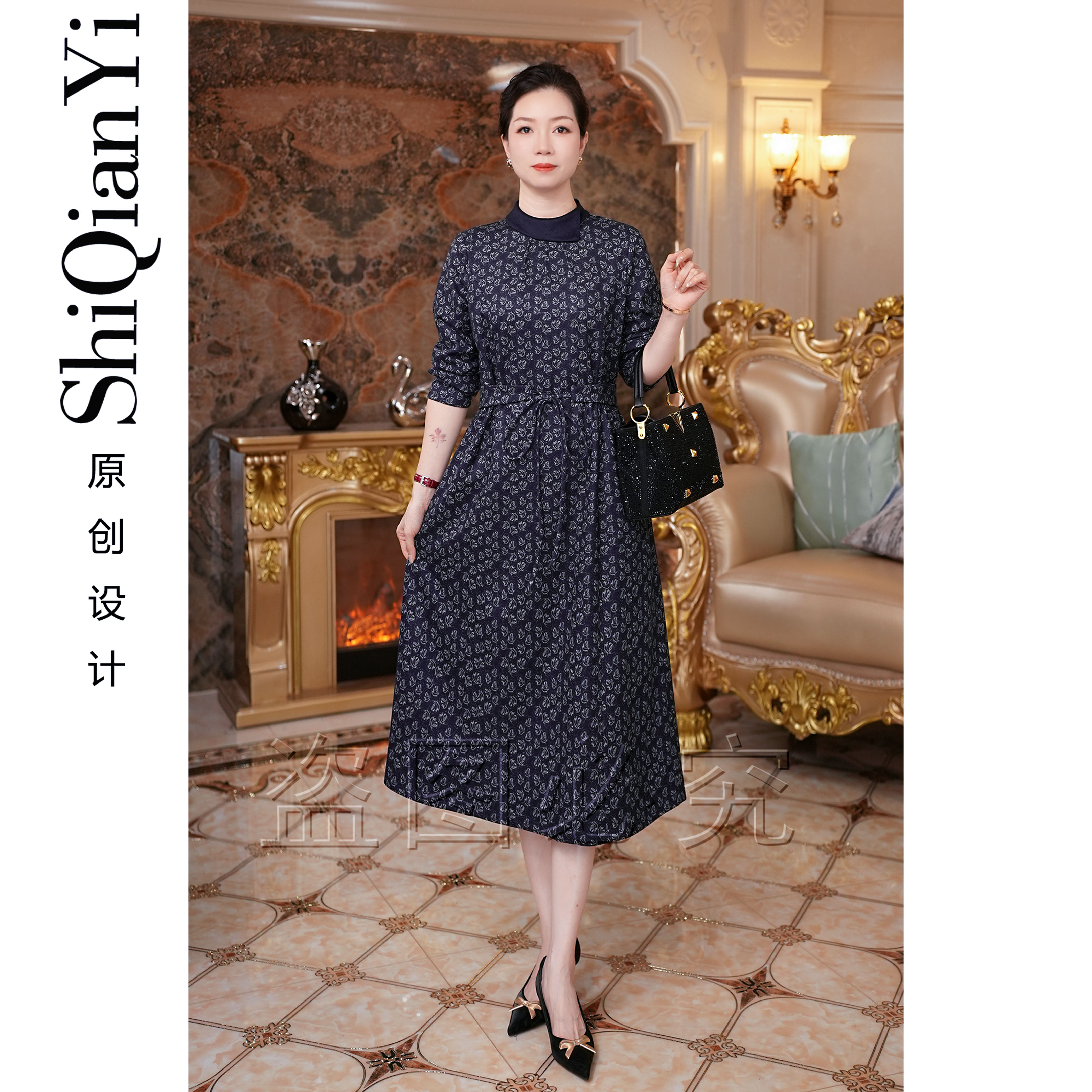【诗千逸定制-寂蓝生花】秋冬保暖气质百搭复古长袖连衣裙A1600