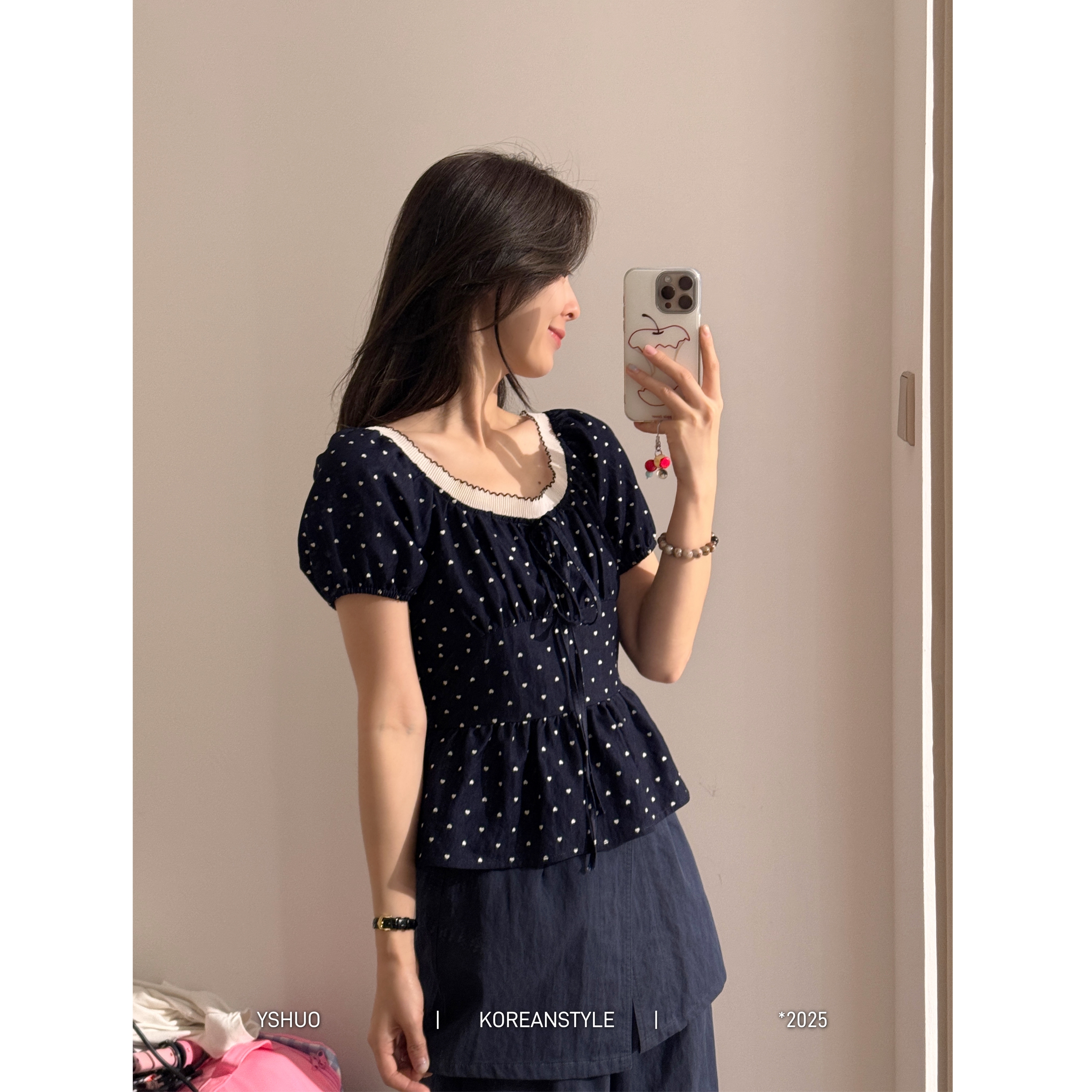 【花束少女】韩系蕾丝花边拼接波点短袖压褶花边小上衣6821