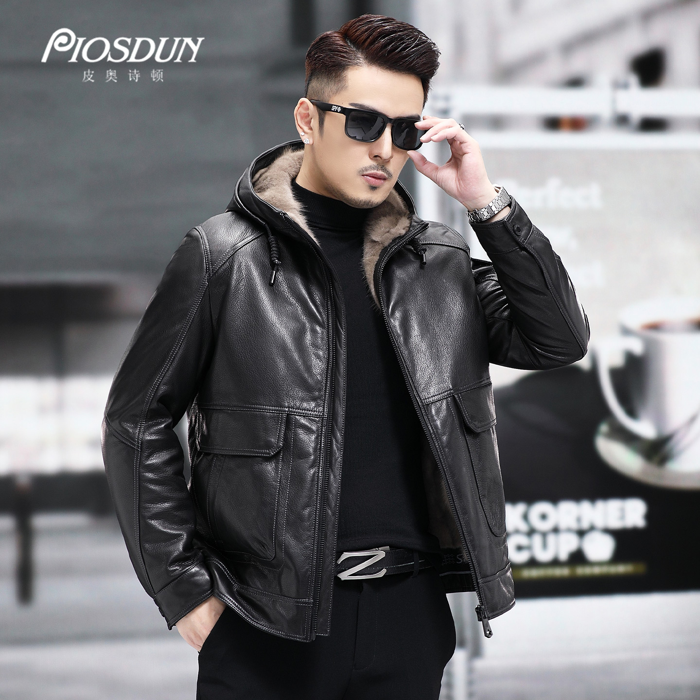 常规连帽皮衣秋冬水貂内胆山羊皮真皮夹克男士潮流保暖 海宁皮草