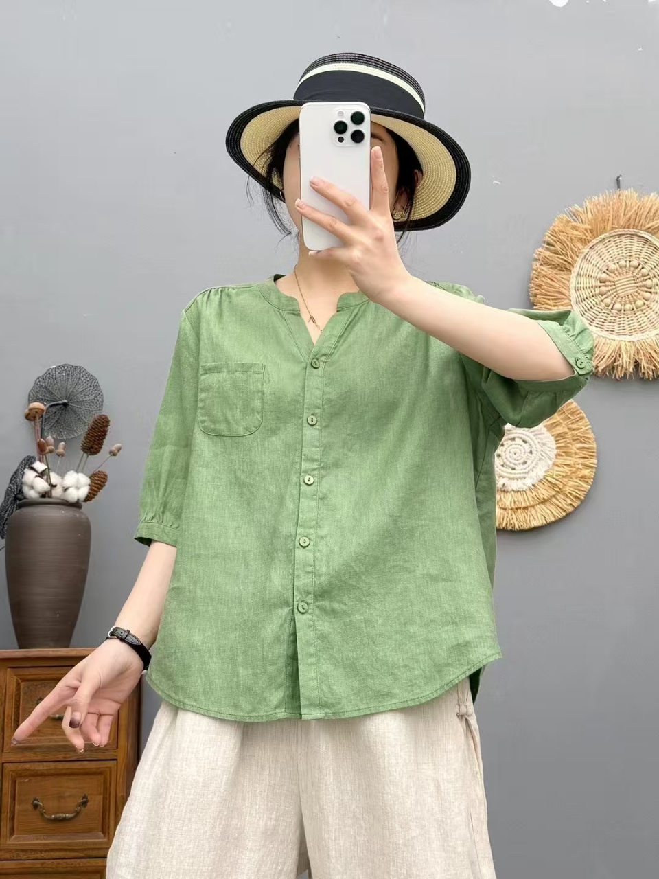 夏季V领短袖纯色衬衫麻料亚麻上衣女士显瘦文艺大码通勤风