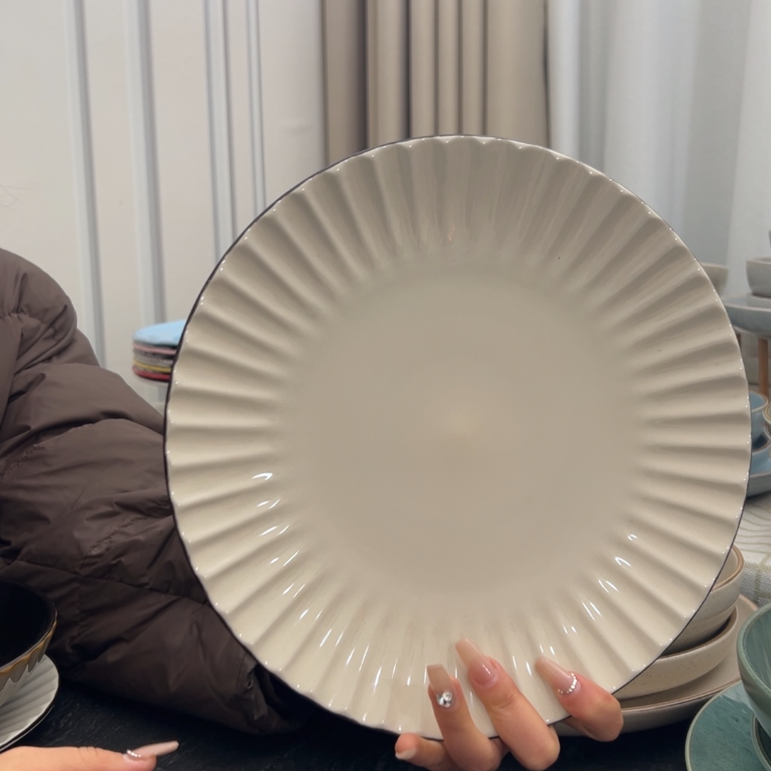 稻谷壳10.5寸条纹白色盘子4个