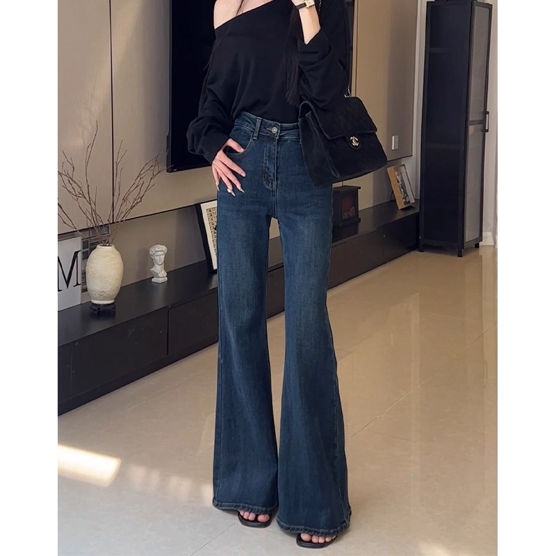 美式高腰微喇软牛仔裤女夏秋新款时尚显瘦宽松不贴腿复古蓝长裤子