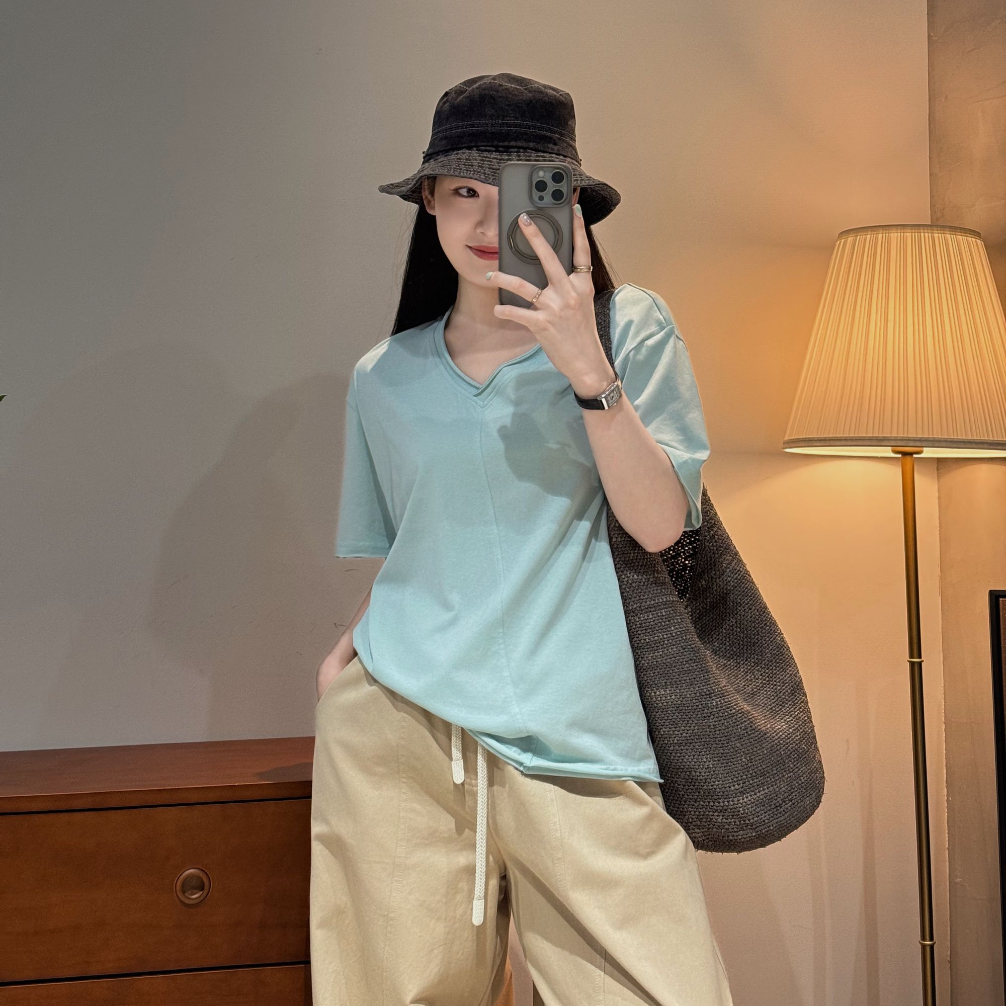 【冰氧棉卷边T】韩系休闲宽松百搭纯色短袖t恤女夏M25202391