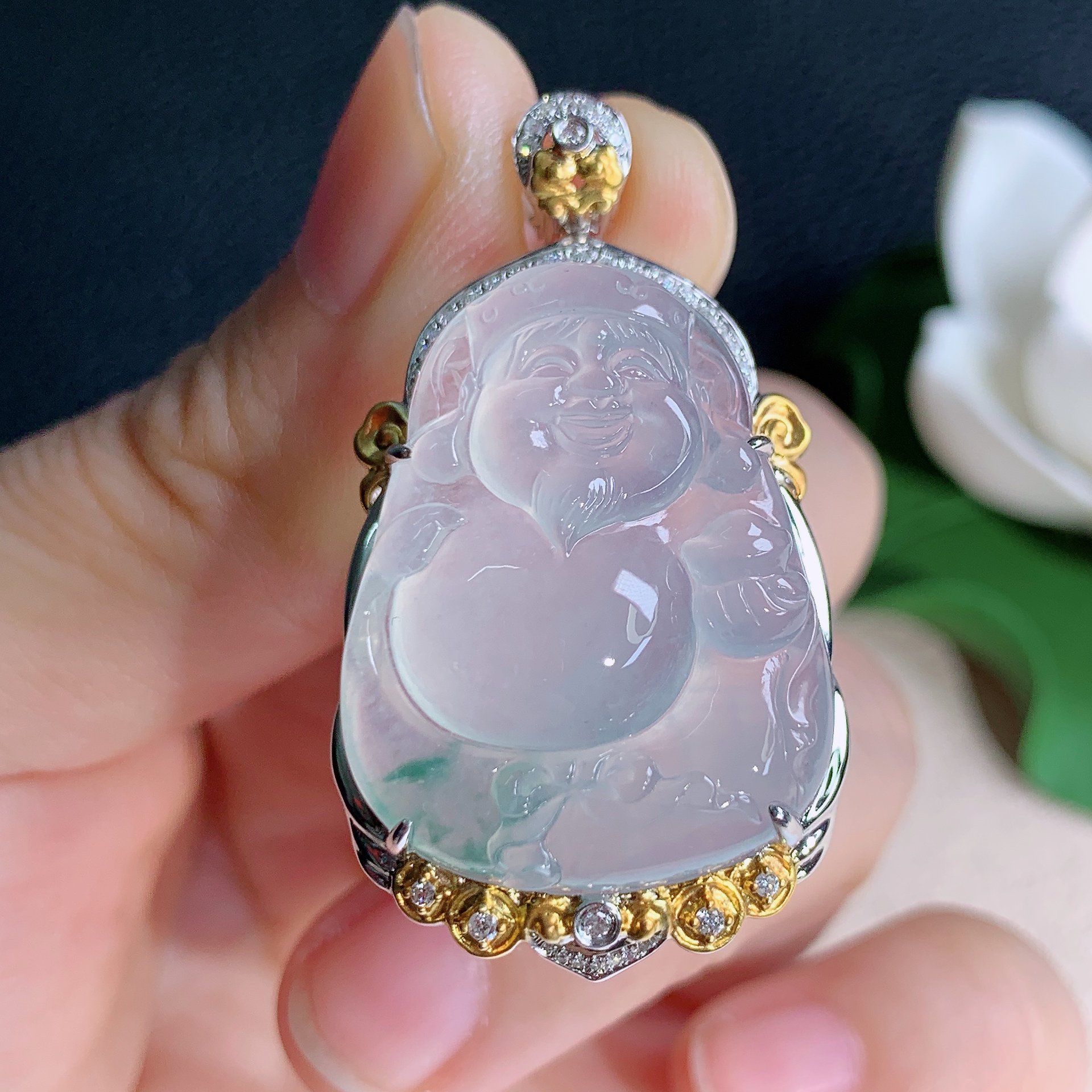 缅甸天然翡翠A货老坑冰种飘花豪镶财神吊坠精品时尚41.8*24*10.5