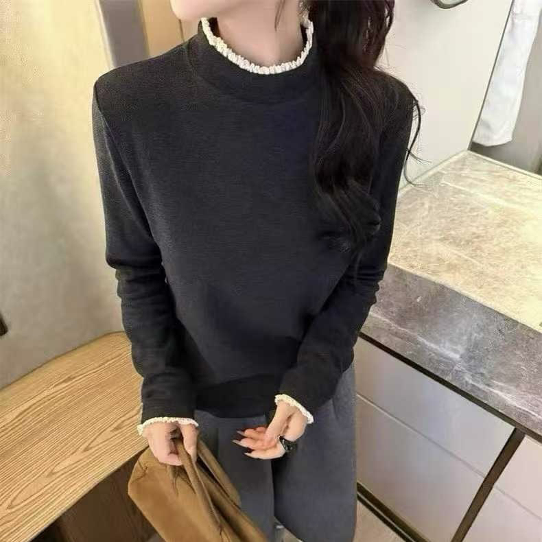 秋冬设计感半高领花边长袖双面绒打底衫女时尚百搭内搭上衣纯色