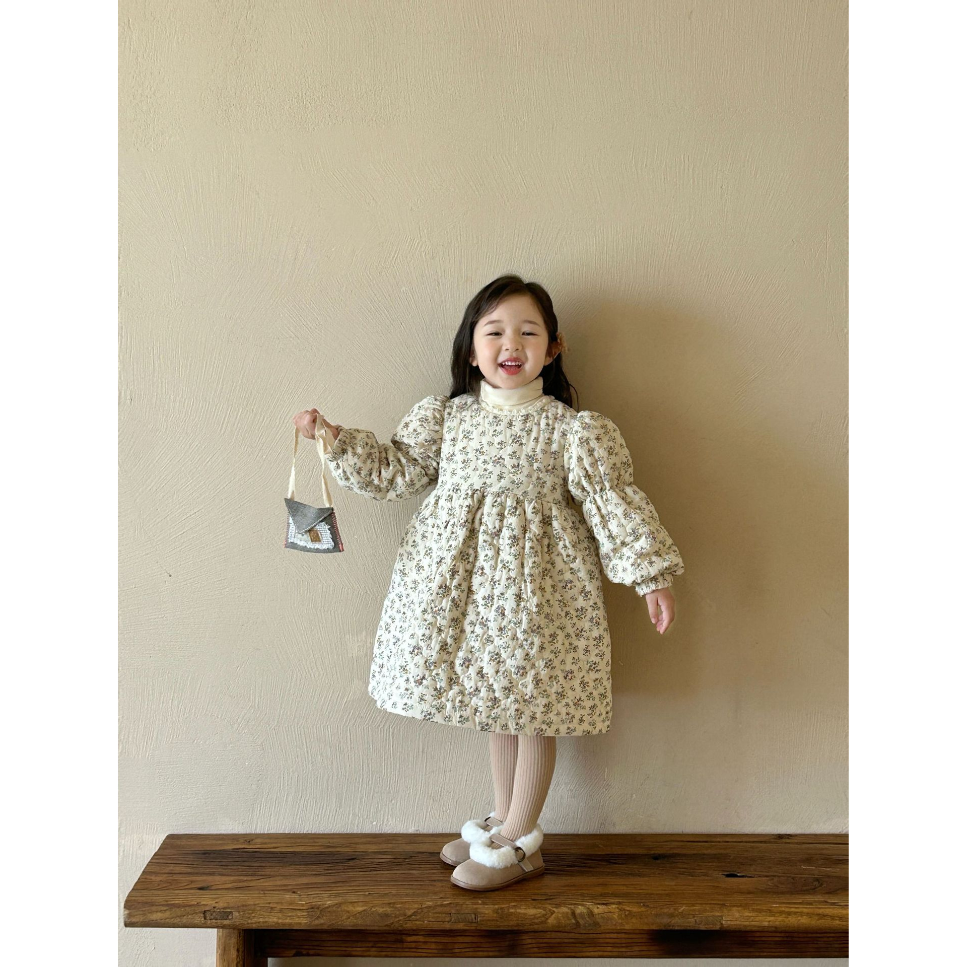2025冬季新品 韩版童装女童韩版碎花绗线棉裙加绒加厚连衣裙子