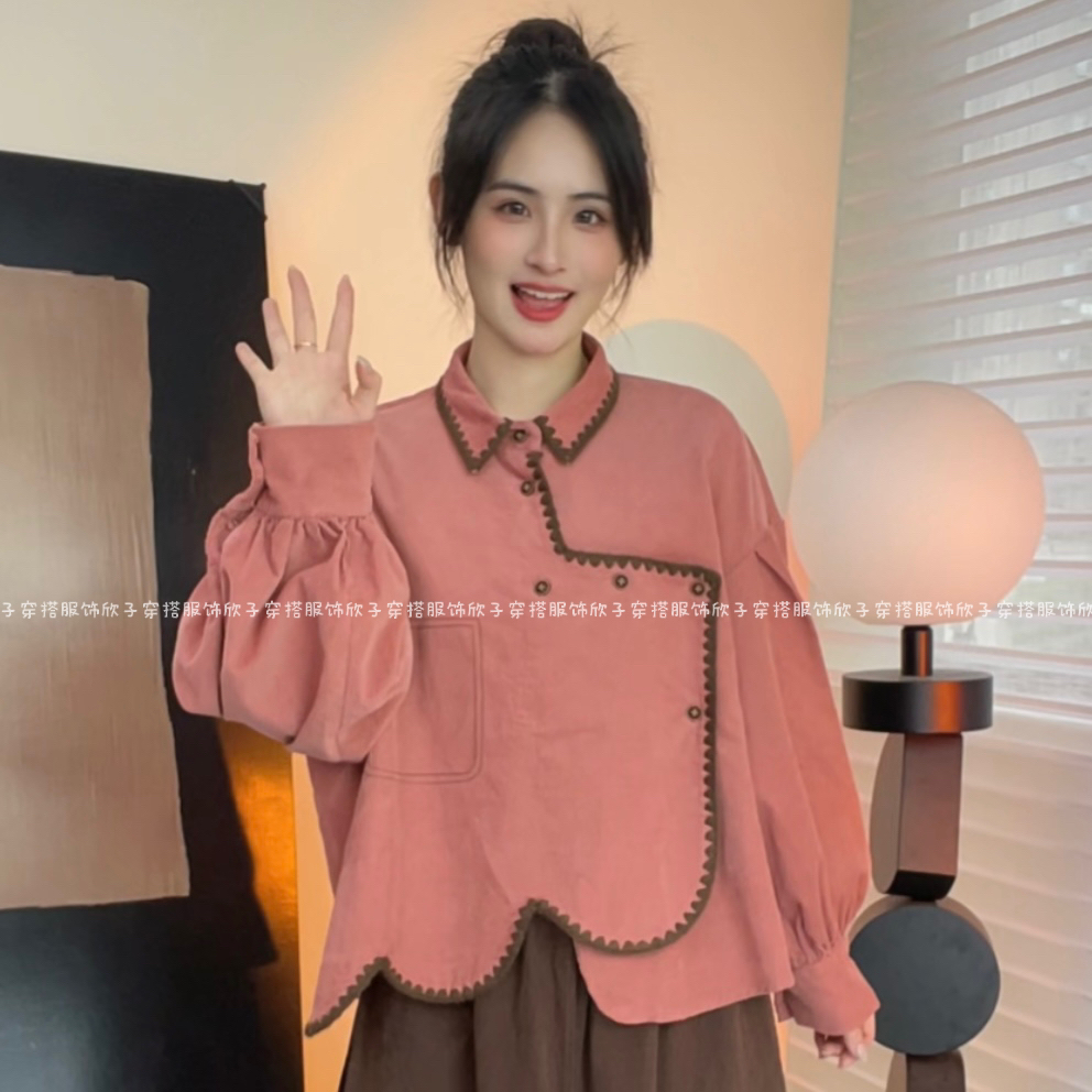 ZQ“桃之夭夭”新款蜜桃粉灯芯绒棕色专机线波浪下摆不撞款上衣