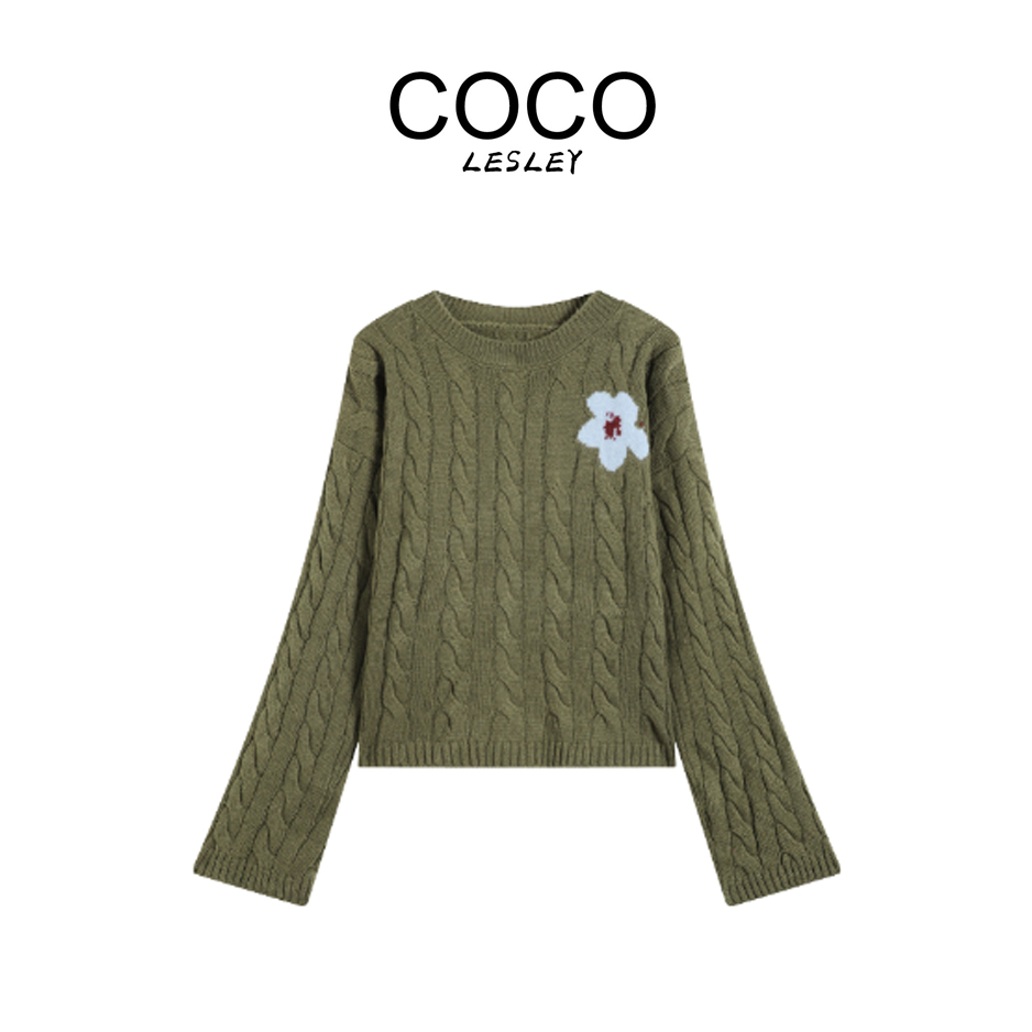 【COCO LESLEY】圆领套头绿色毛衣秋冬花朵提花针织衫QPH00052