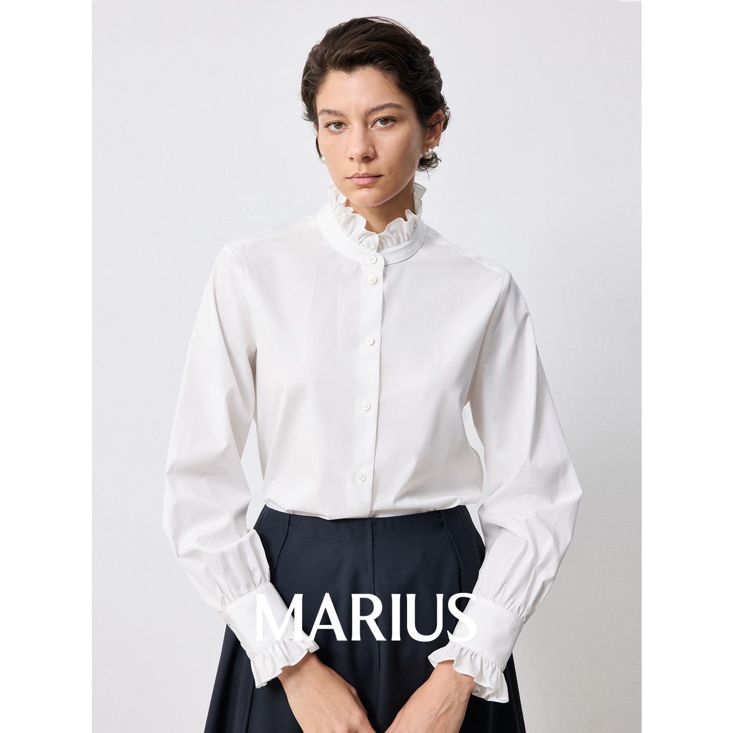 MARIUS | "千金玛德琳"精梳府绸直身微落肩优雅荷叶边长袖衬衫