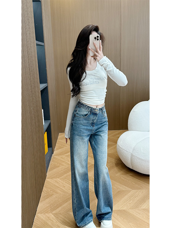 【SSLWEIWEI】南油秋冬抓绒新款WANG烫钻洗须直筒牛仔裤裤子9877