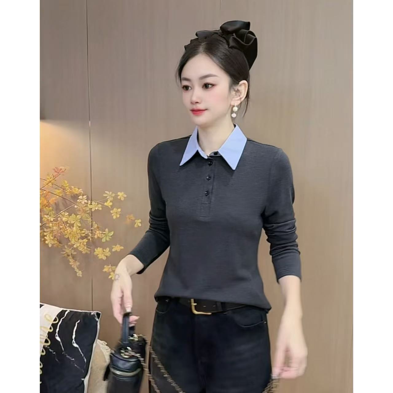 【7091】新品衬衫领翻领拼接百搭显瘦长袖上衣