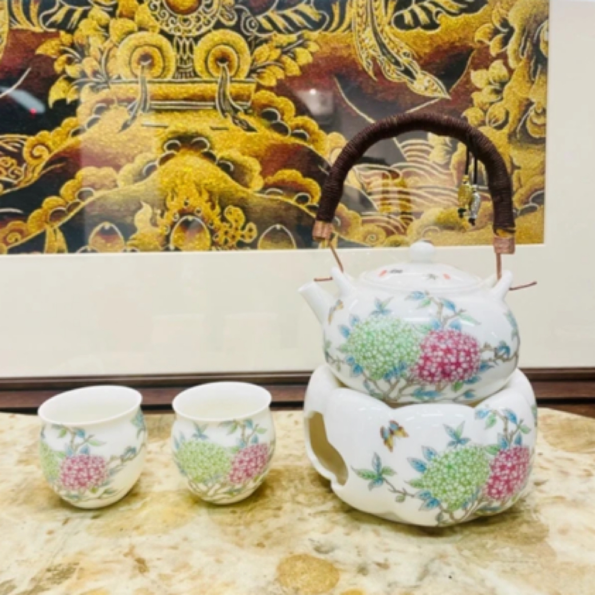 ZH125-紫绿双色绣球提梁壶+底座+两杯（54）