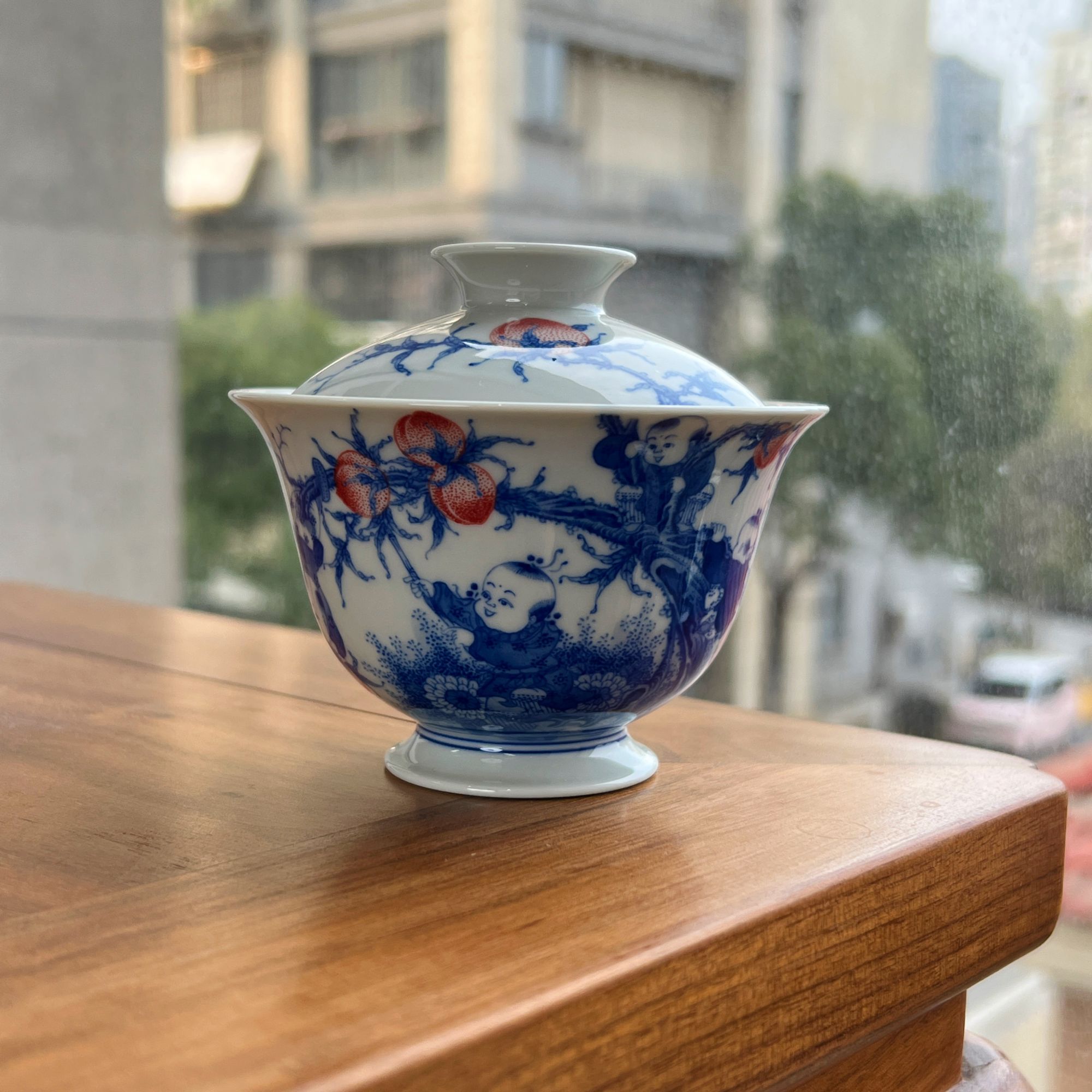 九桃五福童子元宝盖碗纯手工青花手工陶瓷茶具茶器二才泡茶碗茶杯