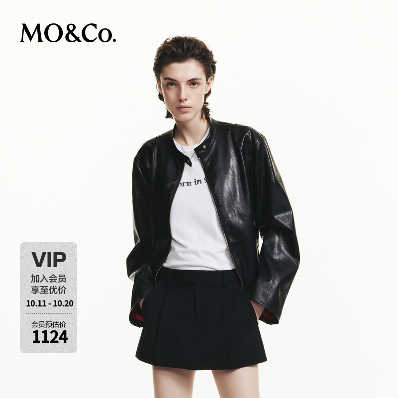 MOCO秋PU素皮立领短款皮衣皮夹克外套MBD3JKTT12