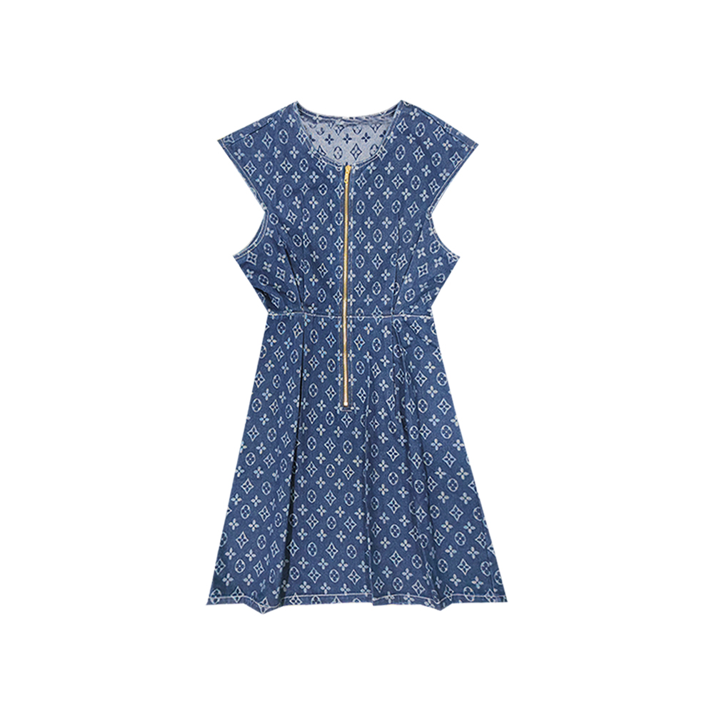 2025ff女士连衣裙显瘦夏季翻驳领藏蓝老花牛仔连衣裙不褪色#2623