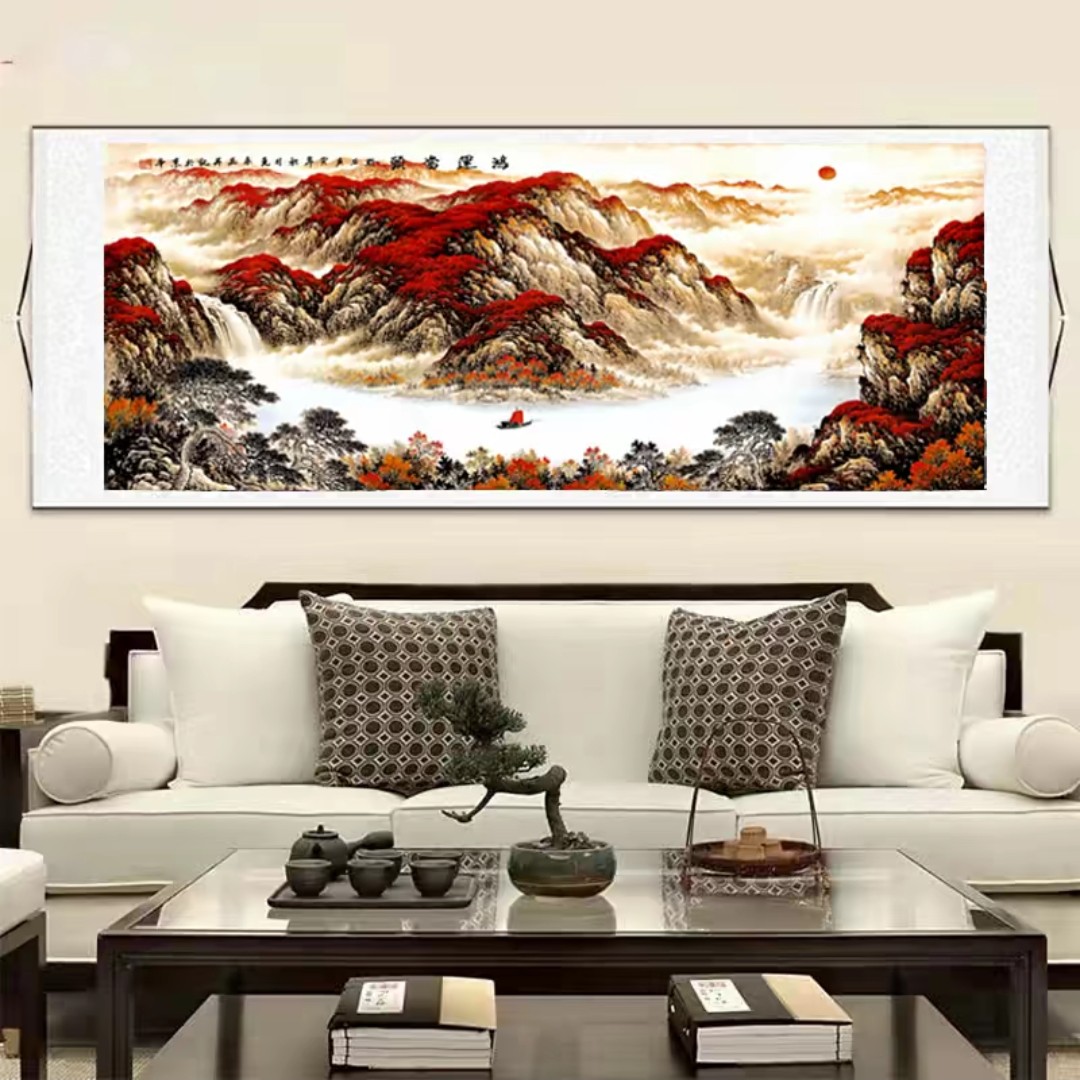 2.1*70有太阳《鸿运当头》横幅客厅背景山水挂画