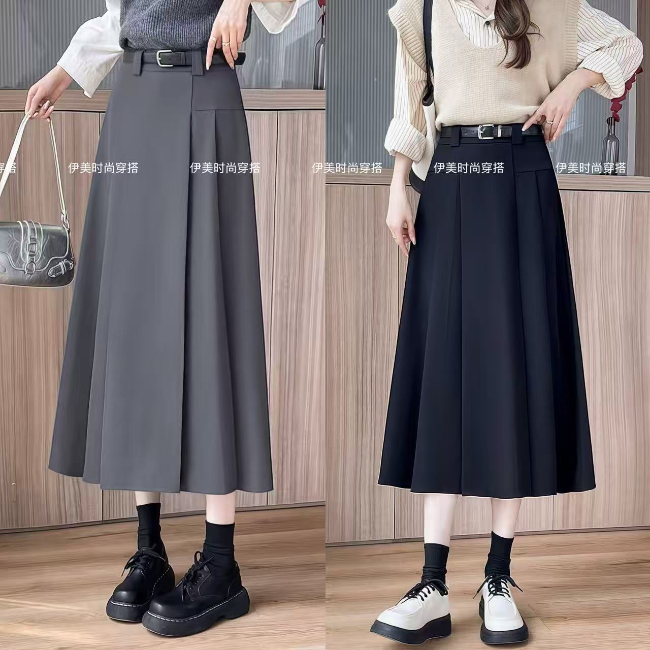 【送腰带】毛呢+西装冬季半身裙A字高腰显瘦韩版休闲百褶垂感伞裙