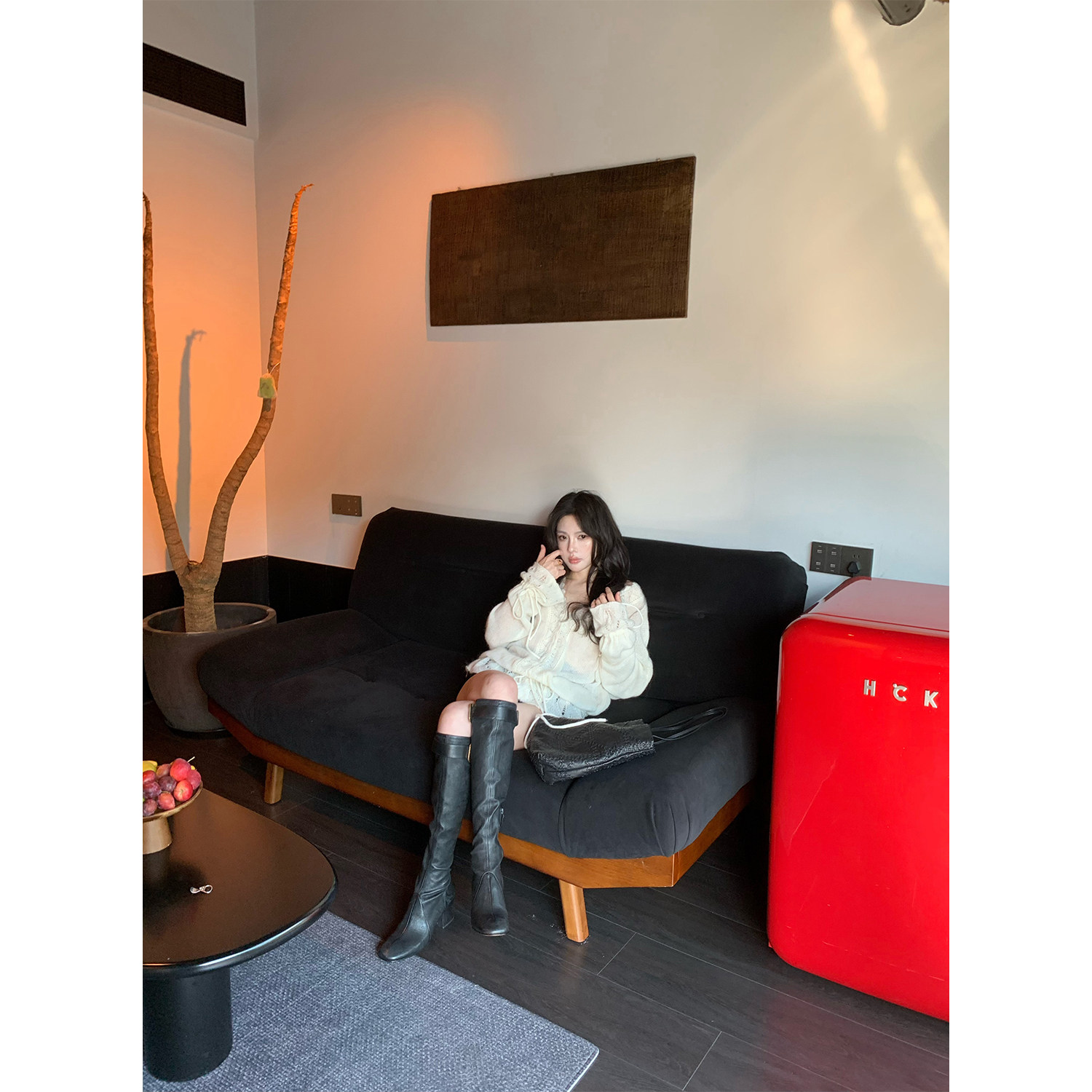 ASM ANNA/意大利羊皮水染植鞣&牛皮底方头粗跟长靴女A2512BNX052