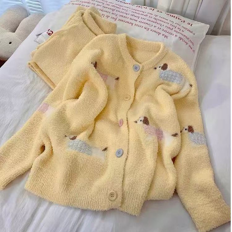 软萌奶黄卡通腊肠小狗半边绒睡衣女秋冬可爱保暖家居服套装可外穿