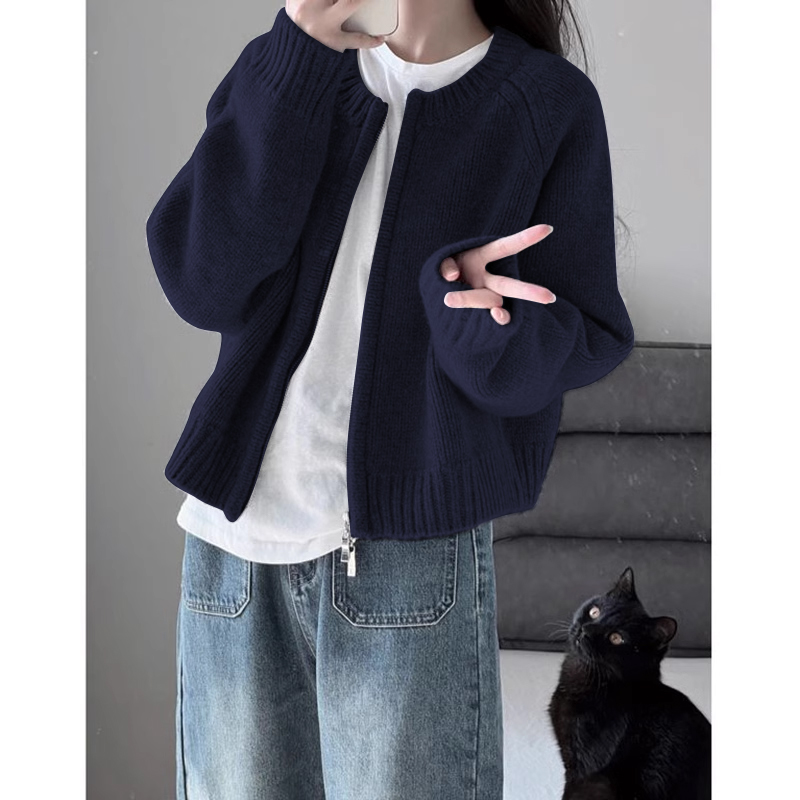 藏蓝圆领针织开衫女秋冬学院风软糯百搭学生潮牌毛衣外套拉链卫衣