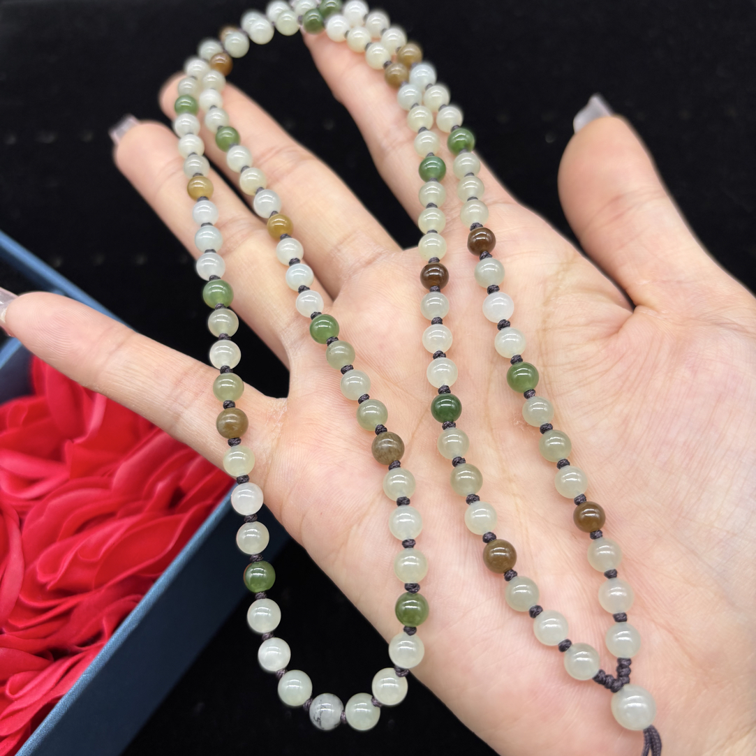 福利天然和田玉多宝圆珠5mm玉石挂坠绳项链长链毛衣链时尚百搭款