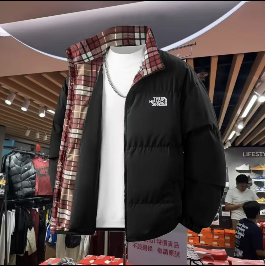 （一折专区）棉服潮流格子保暖立领宽松本布下摆休闲情侣棉衣秋冬