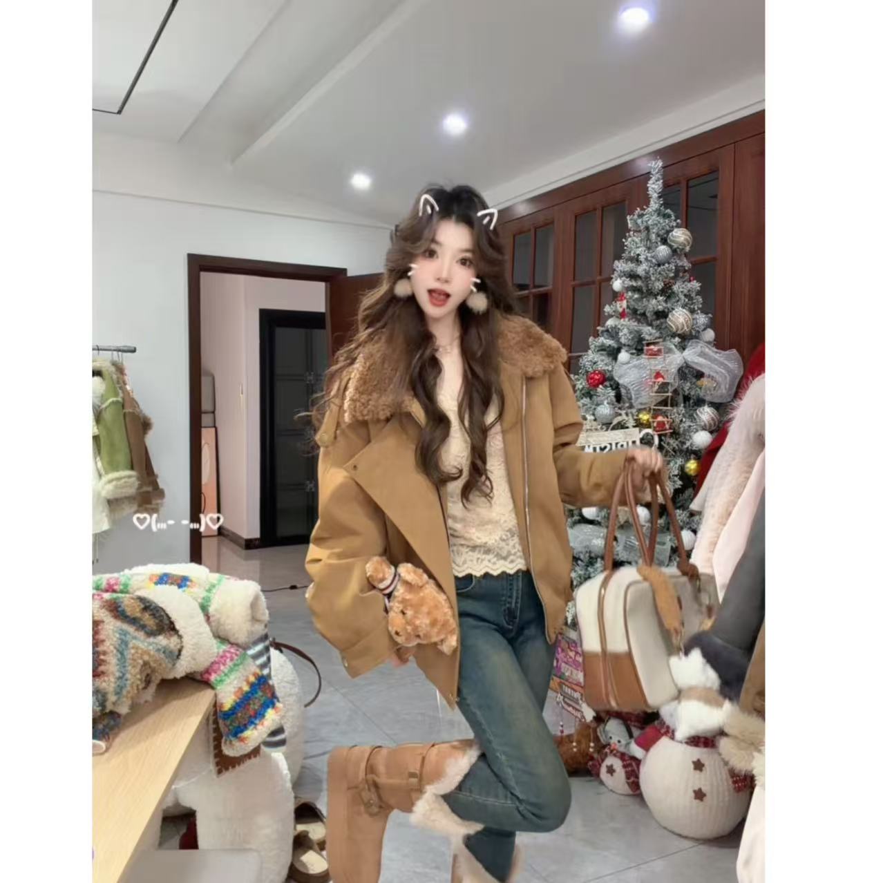 【YBB】「丝绒拿铁」 美式复古领机车服短外套女冬款加绒加厚夹克上衣