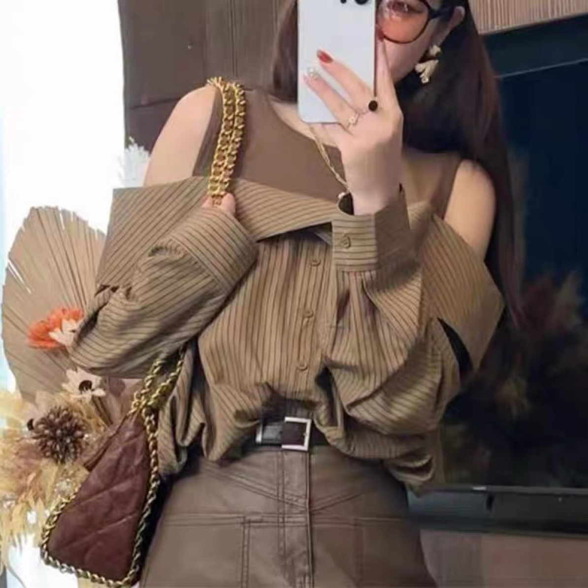 条纹假两件露肩宽松长袖秋季女装衬衫设计感小众风