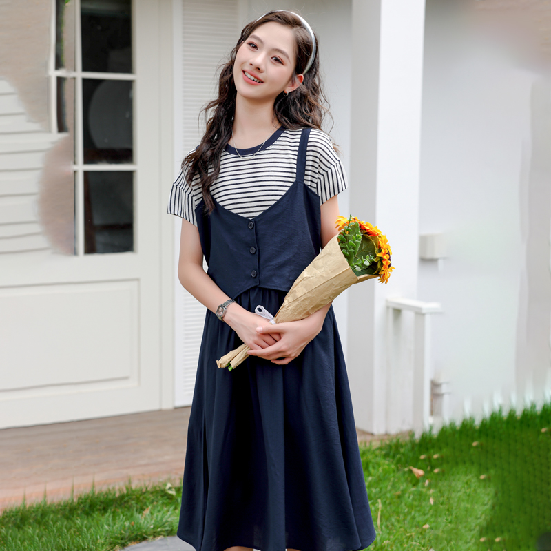 【假两件连衣裙】初高中女大童学生休闲宽松显瘦夏条纹吊带裙25317